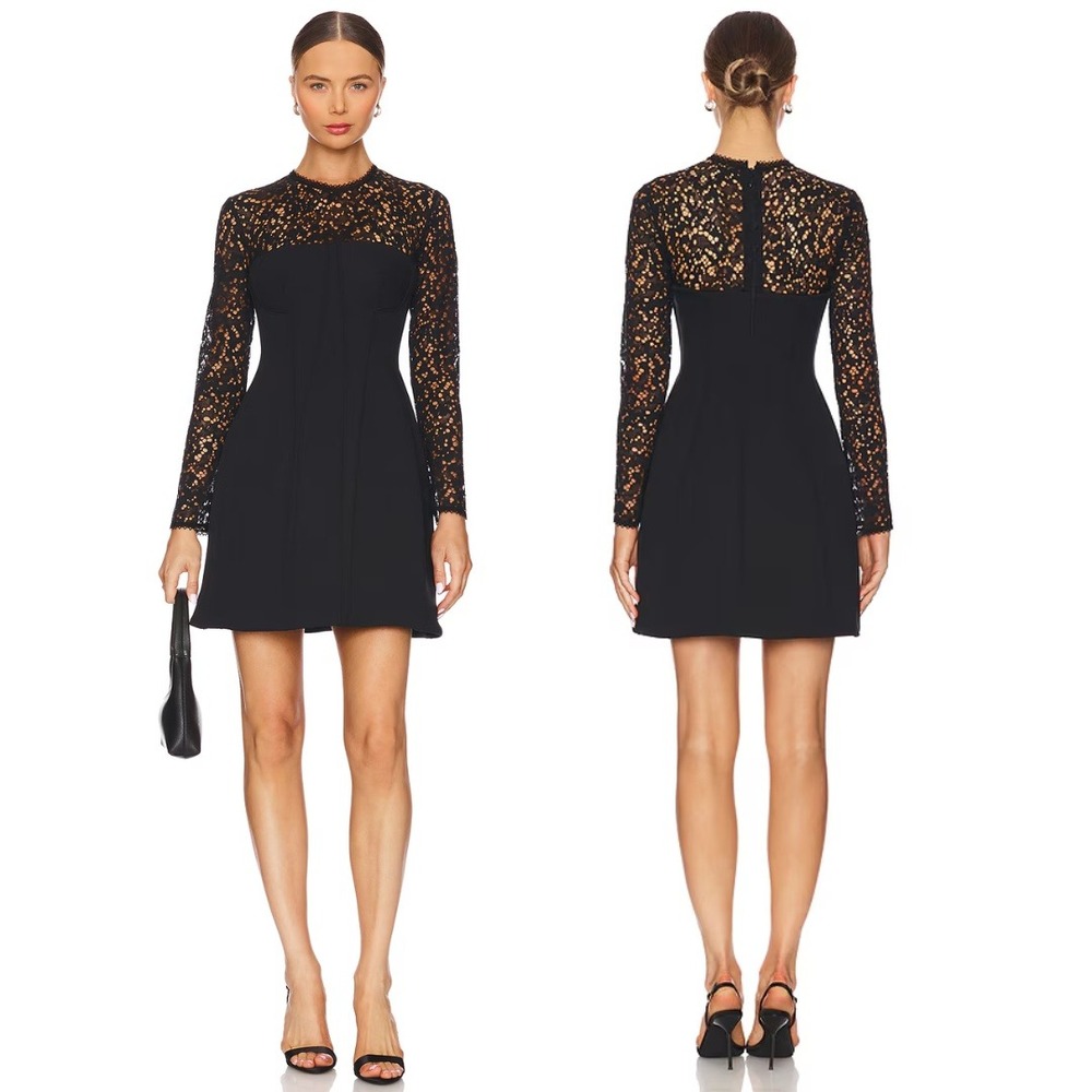 NWT SIMKHAI Dress Primm Black Lace Long Sleeve Mini Dress w Corset Bodice Size 6